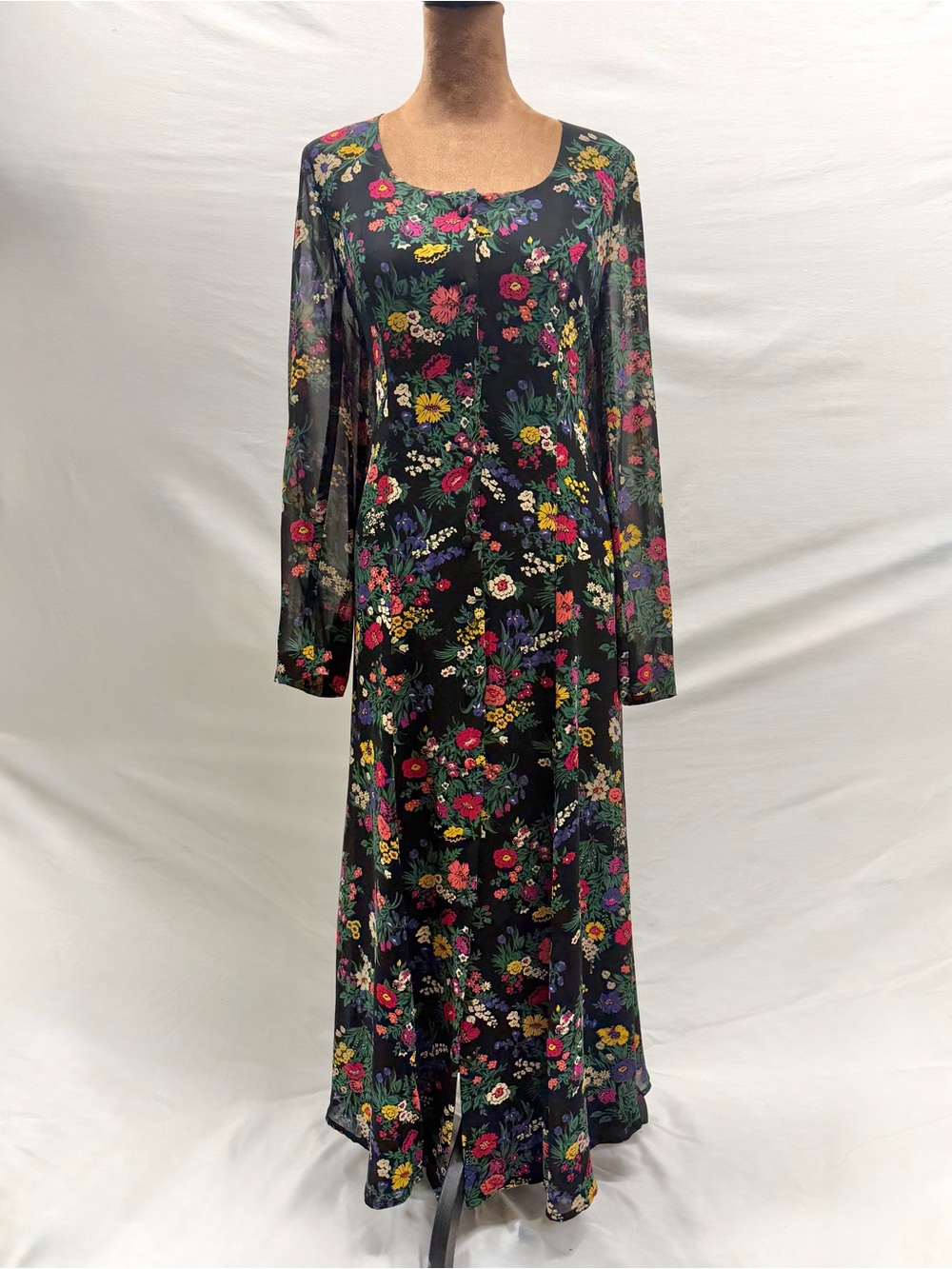 Vintage 90s Liz Claiborne Black Floral Maxi Dress Cottagecore Corset Back Sz 8